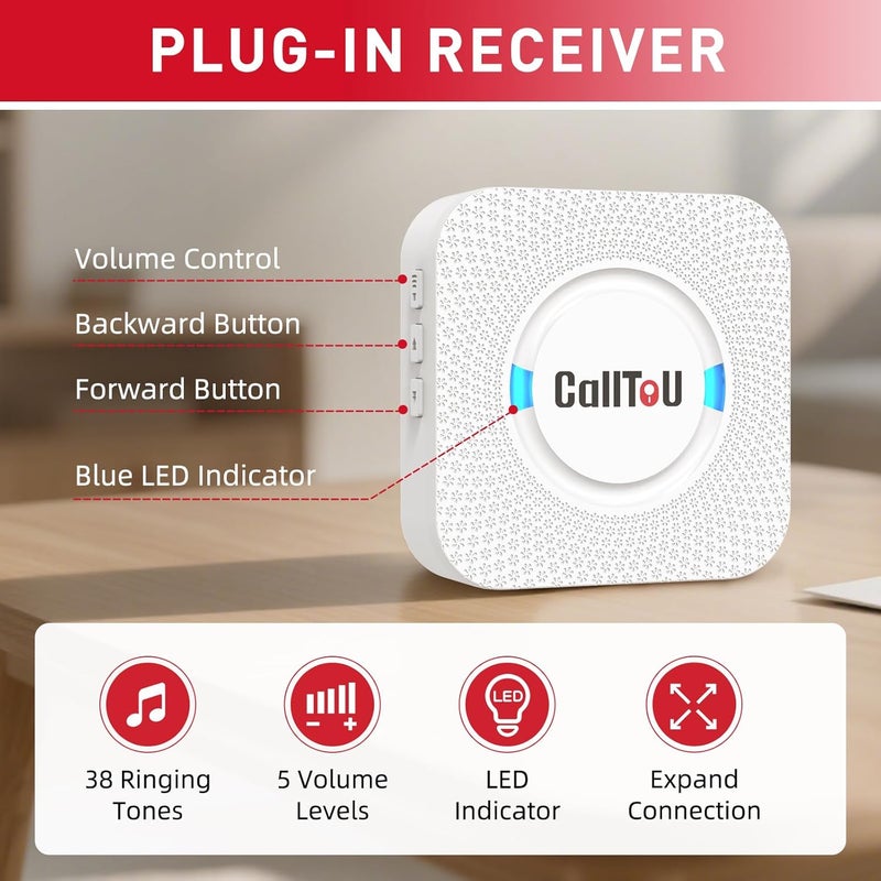 CallToU Wireless Motion Sensor Alarm Indoor Motion Detector Alarm, Bed Alarms for Elderly Dementia Patients, Motion Sensor Door Chime with 500 FT Range, 5 Adjustable Volume 1 Sensor + 1 Receiver - Image 2